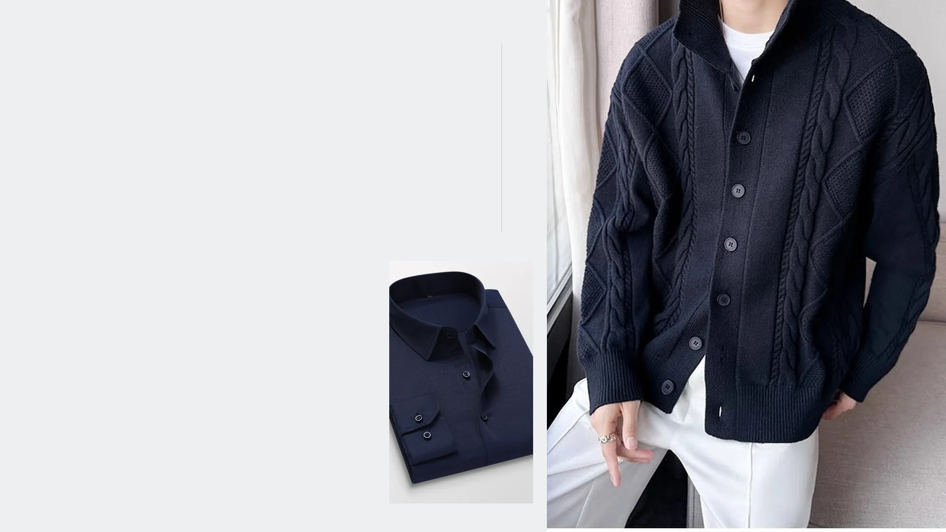 A navy cardigan beside a folded navy shirt. Elliot Arden editorial composition.