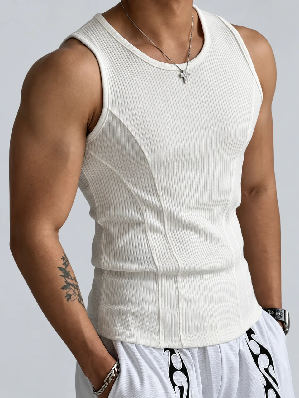 Dean Ribbed Panel Tank Top — White — product photograph