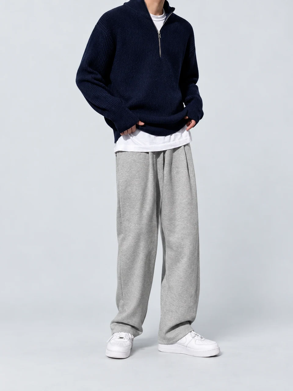 Theo Sweater — Navy Blue — Full worn fit
