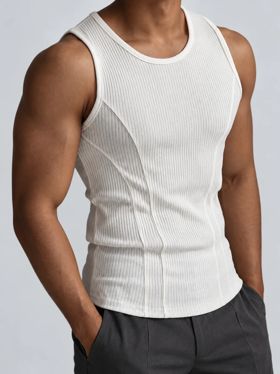 Dean Ribbed Panel Tank Top — White — Product photograph