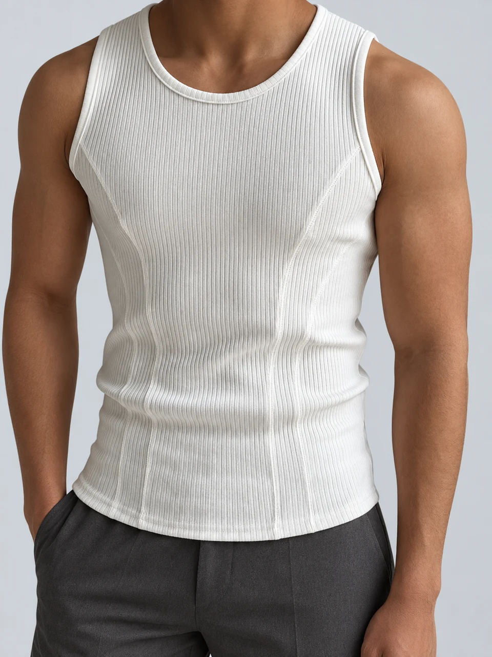 Dean Ribbed Panel Tank Top — White — Front rib detail